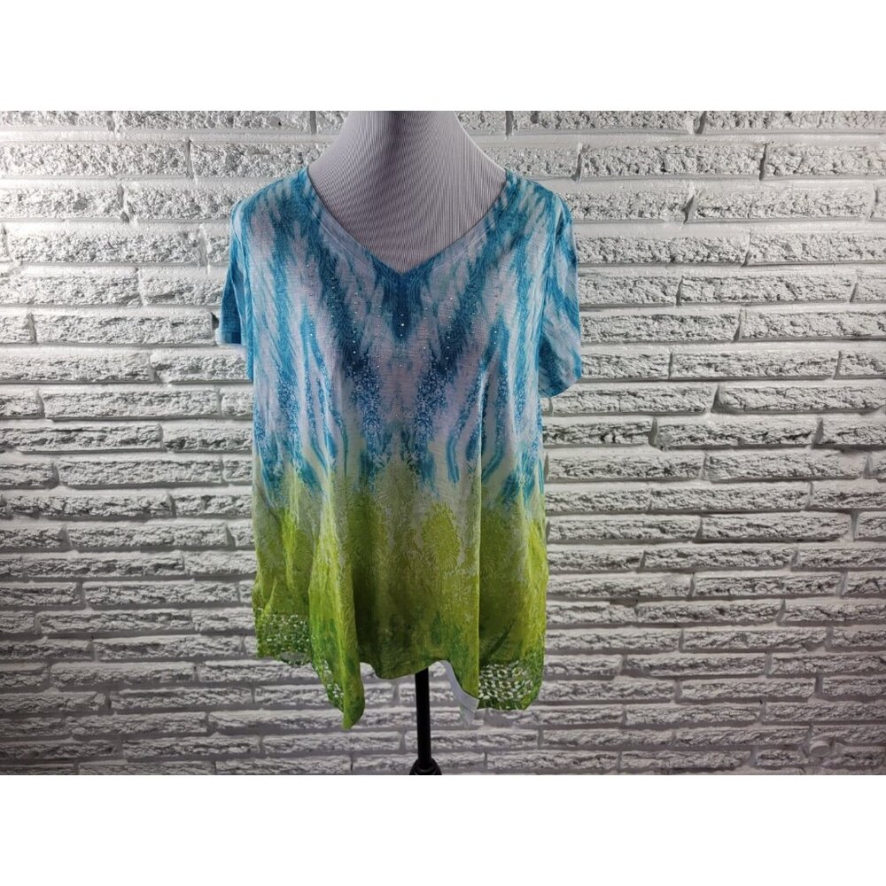 Time Tru XL Blue Watercolor Lace Rhinestone V-Neck Top Stretch Polyester WAT146E